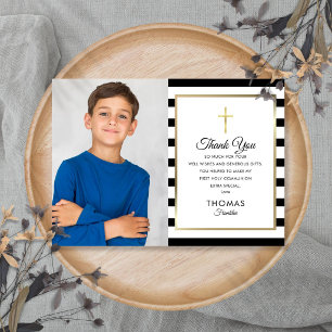 Gold Cross Striped First Holy Communion Photo Thank You Card