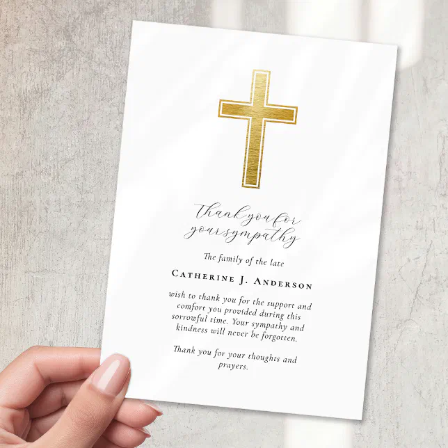 Gold Cross Sympathy Funeral Memorial Thank You Card | Zazzle