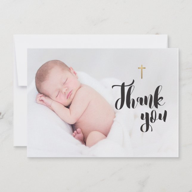 Gold Cross Thank you Baby Photo Baptism Card (Front)