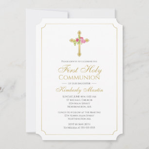 Gold Cross w/ Pink Roses Floral First Communion  Invitation