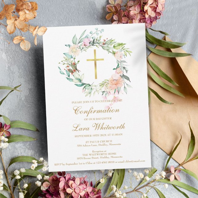Gold Cross Watercolor Floral Confirmation Invitation (Gold Cross Watercolor Floral Confirmation Invitation)