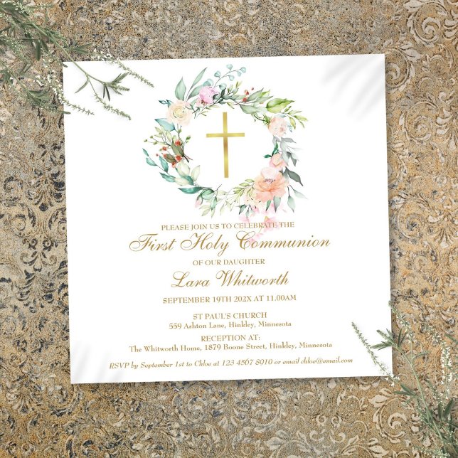 Gold Cross Watercolor Floral First Holy Communion Invitation (Gold Cross Watercolor Floral First Holy Communion Invitation)