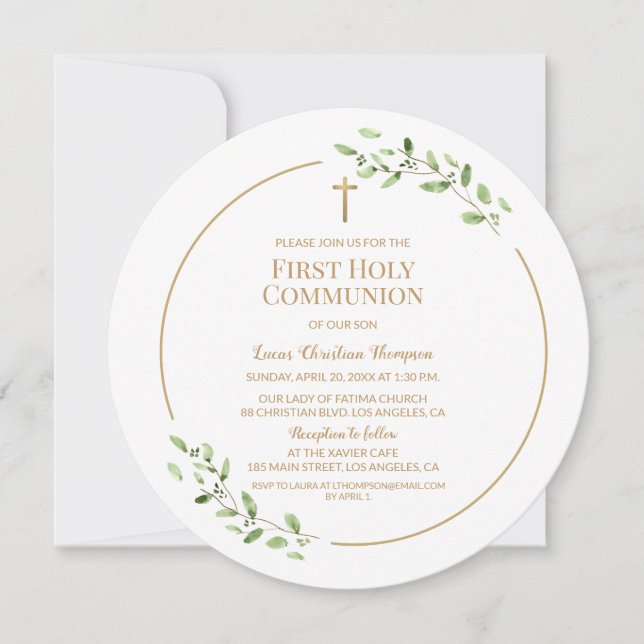 Gold Cross Watercolor leaves First communion Invitation (Front)