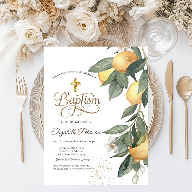 Gold Cross Watercolor Lemons Botanical Green Plaid Invitation (Creator Uploaded)