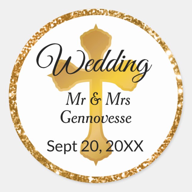 Gold Cross Wedding Favour Stickers Glitter (Front)
