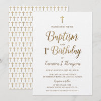 Gold Cross White Baptism 1st Birthday Invitation