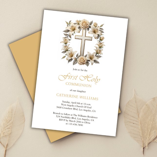 Gold Cross White Roses Lilies First Holy Communion Invitation (Gold Cross White Roses Lilies First Holy Communion Invitation)