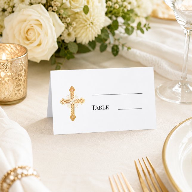 Gold cross white simple place card (Creator Uploaded)