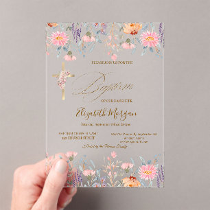Gold Cross Wildflowers Pink Baptism Acrylic Invitations