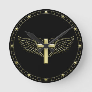 Gold Cross Wing Round Clock