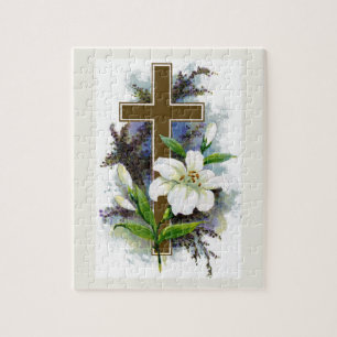 Gold Cross With White Flower Jigsaw Puzzle