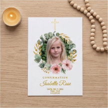 Gold Cross Wreath Photo Confirmation Invitation