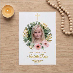 Gold Cross Wreath Photo Confirmation Invitation