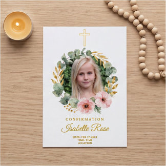 Gold Cross Wreath Photo Confirmation Invitation