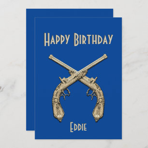 Gold Crossed Pistols Blue Birthday Party   Invitation