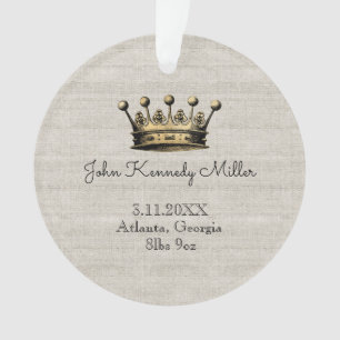 Gold Crown Baby Birth Announcement Keepsake Linen Ornament