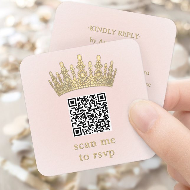 Gold Crown Blush Pink Quinceañera Scan Me QR RSVP Enclosure Card (Creator Uploaded)