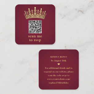 Gold Crown Burgundy Quinceañera Scan Me QR RSVP Enclosure Card