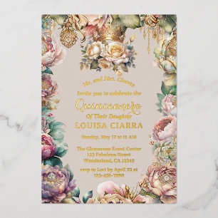 Gold Crown Diamond Flowers Quinceanera 