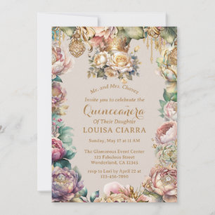 Gold Crown Diamond Flowers Quinceanera  Invitation