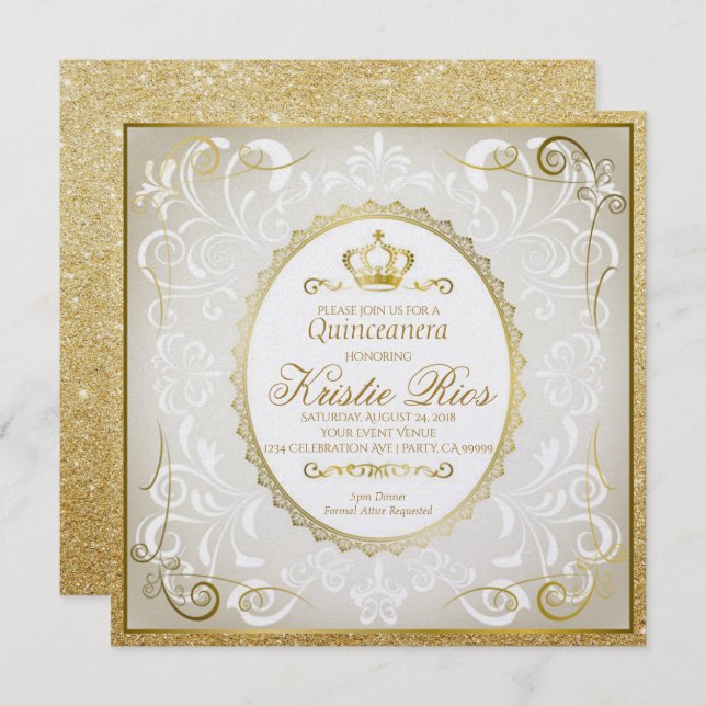 Gold Crown, Elegant, Quinceanera Invitation (Front/Back)