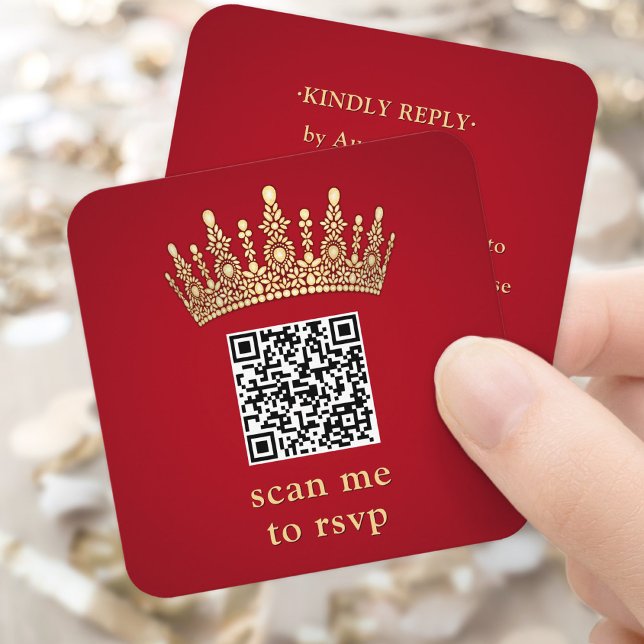 Gold Crown Elegant Red Quinceañera Scan Me QR RSVP Enclosure Card (Creator Uploaded)