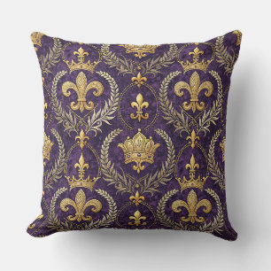 Gold Crown Fleur-de-lis Royal Purple Pattern Print Cushion