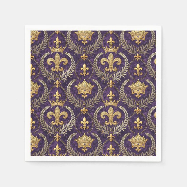 Gold Crown Fleur-de-lis Royal Purple Pattern Print Napkin (Front)
