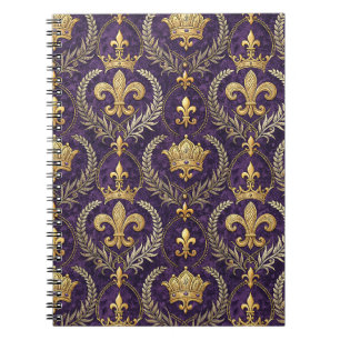 Gold Crown Fleur-de-lis Royal Purple Pattern Print Notebook