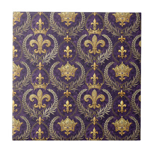 Gold Crown Fleur-de-lis Royal Purple Pattern Print Tile