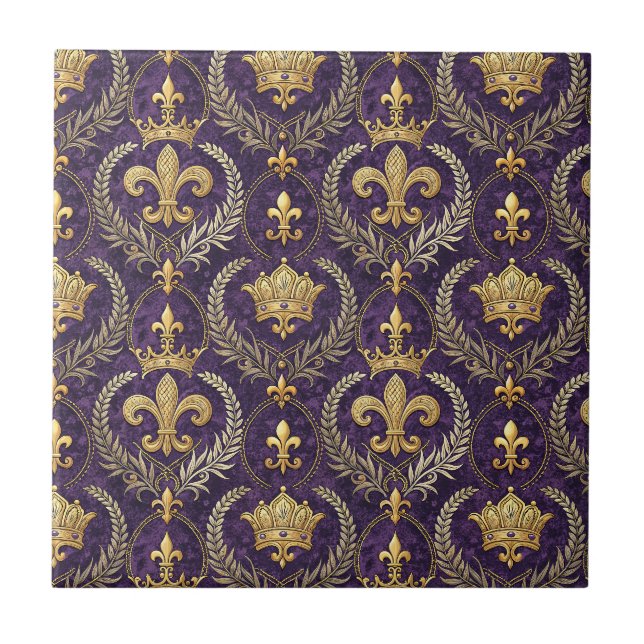 Gold Crown Fleur-de-lis Royal Purple Pattern Print Tile (Front)