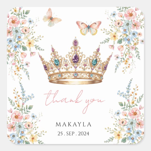 Gold Crown Floral Butterfly Elegant Bridal Shower Square Sticker (Front)