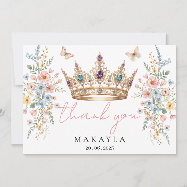 Gold Crown Floral Butterfly Elegant Bridal Shower  Thank You Card (Front)
