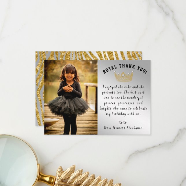 Gold Crown, Glitter Custom Photo Princess Birthday Thank You Card (Front/Back In Situ)
