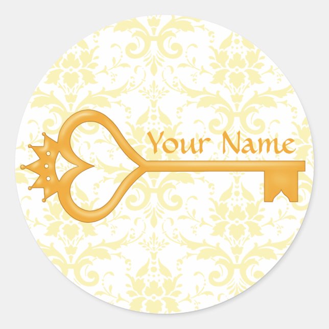 Gold Crown Heart Key Classic Round Sticker (Front)