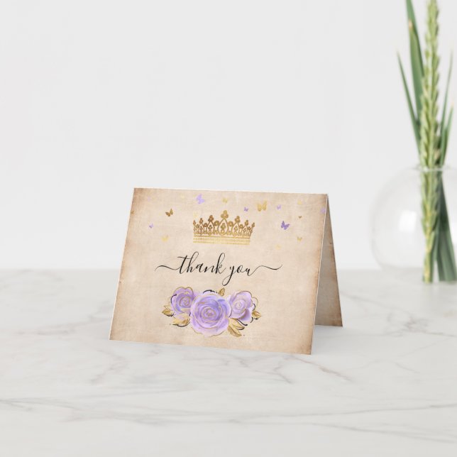 Gold Crown Light Purple Rose Elegant Folded Thank You Card (Front)