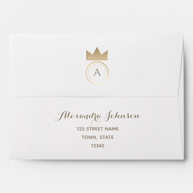 Gold Crown Monogram Navy Blue Return Address Envelope (Back (Top Flap))
