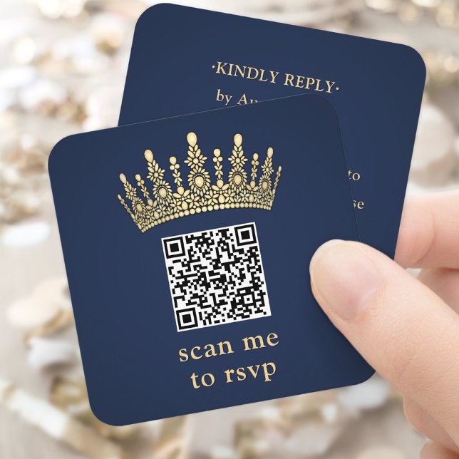 Gold Crown Navy Blue Quinceañera Scan Me QR RSVP Enclosure Card (Creator Uploaded)