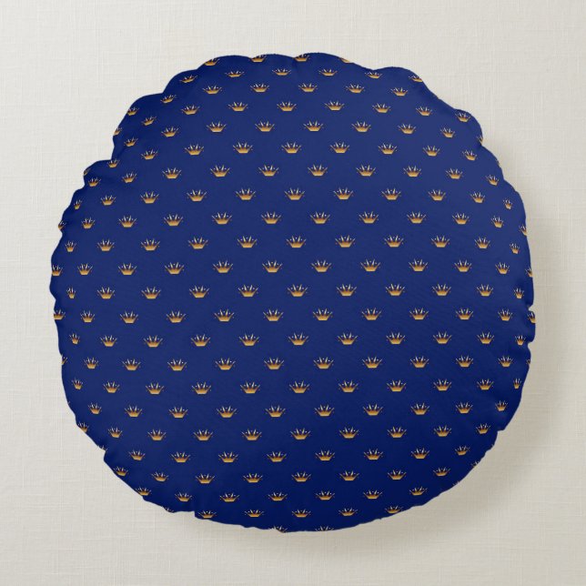 Gold Crown on Royal Blue Background Round Cushion (Front)