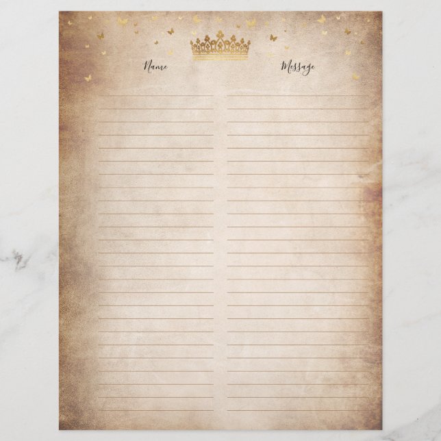 Gold Crown Parchment Paper Guest Book Filler Pages (Front)