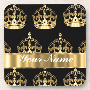 Gold crown pattern on black coaster