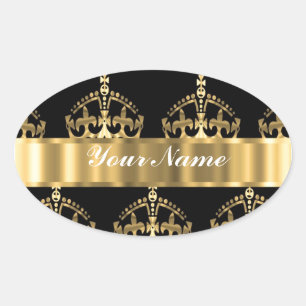 Gold crown pattern on black oval sticker