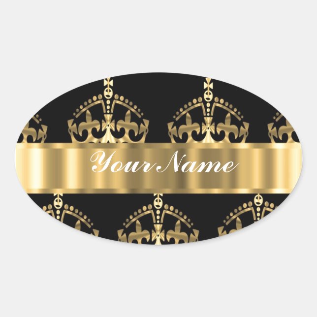 Gold crown pattern on black oval sticker (Front)