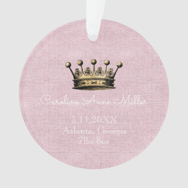 Gold Crown Pink Birth Announcement Keepsake Ornament (Front)
