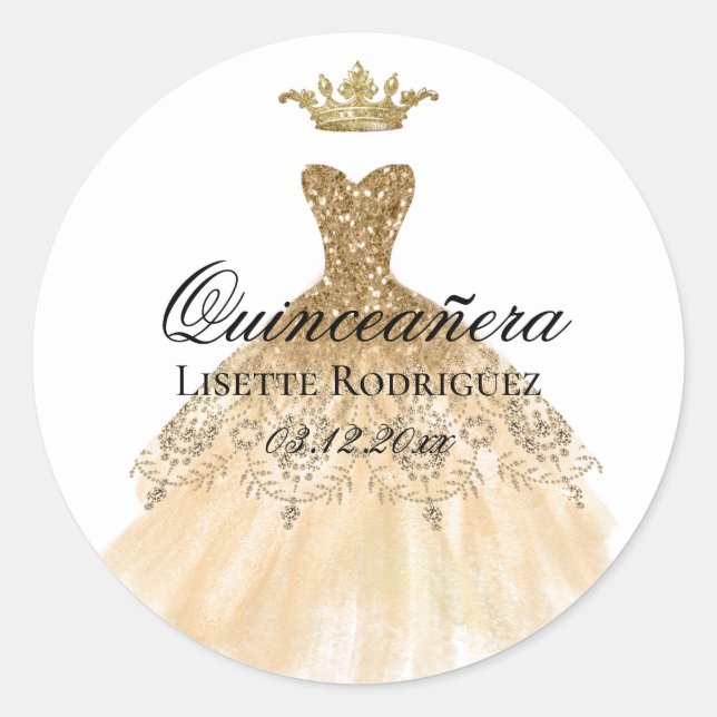 Gold Crown Princess Dress Quinceanera Party Classic Round Sticker (Front)