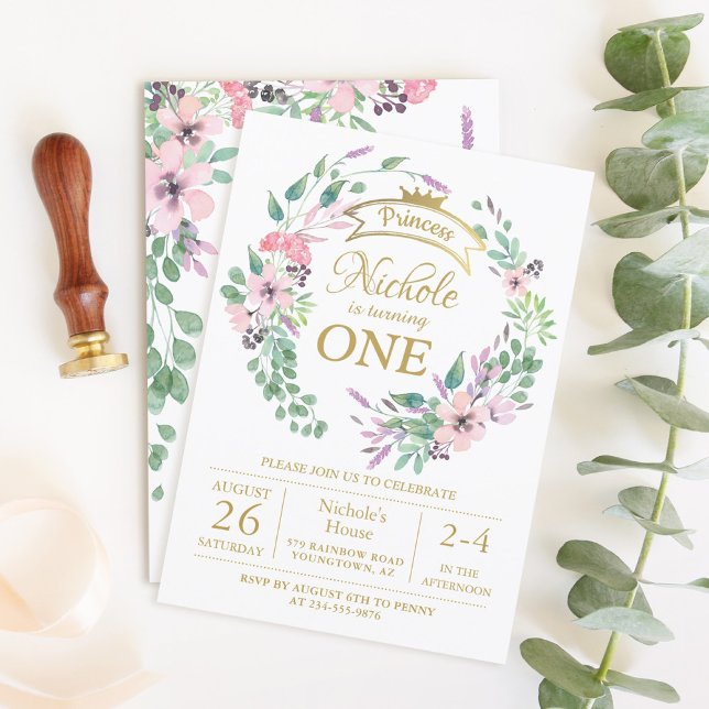 Gold Crown Princess Floral Girl 1st Birthday Invitation (Creator Uploaded)