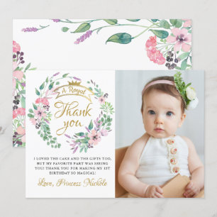 Gold Crown Princess Floral Girl Birthday Photo Thank You Card