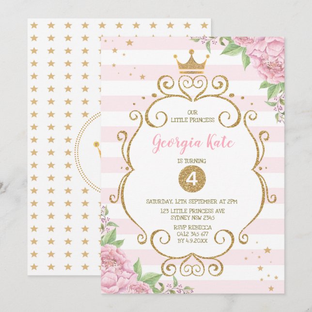 Gold Crown Princess Pink Floral 1st Birthday Party Invitation (Front/Back)