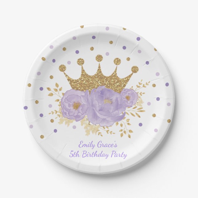 Gold Crown Purple Floral Royal Princess Paper Plate (Front)
