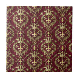 Gold Crown & Red Velvet Royal Damask Pattern Art Tile